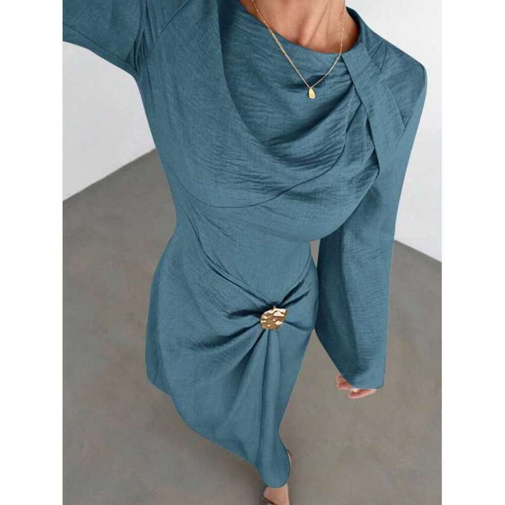Siren Gaze Dusty Blue Twist Front Metal Buckle Flare Long Sleeve - Picture 6 of 6